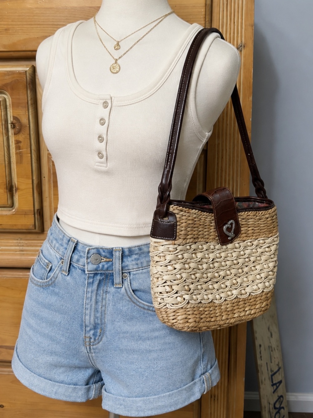 Brighton Woven Straw Shoulder Bag with Brown Leather Trim